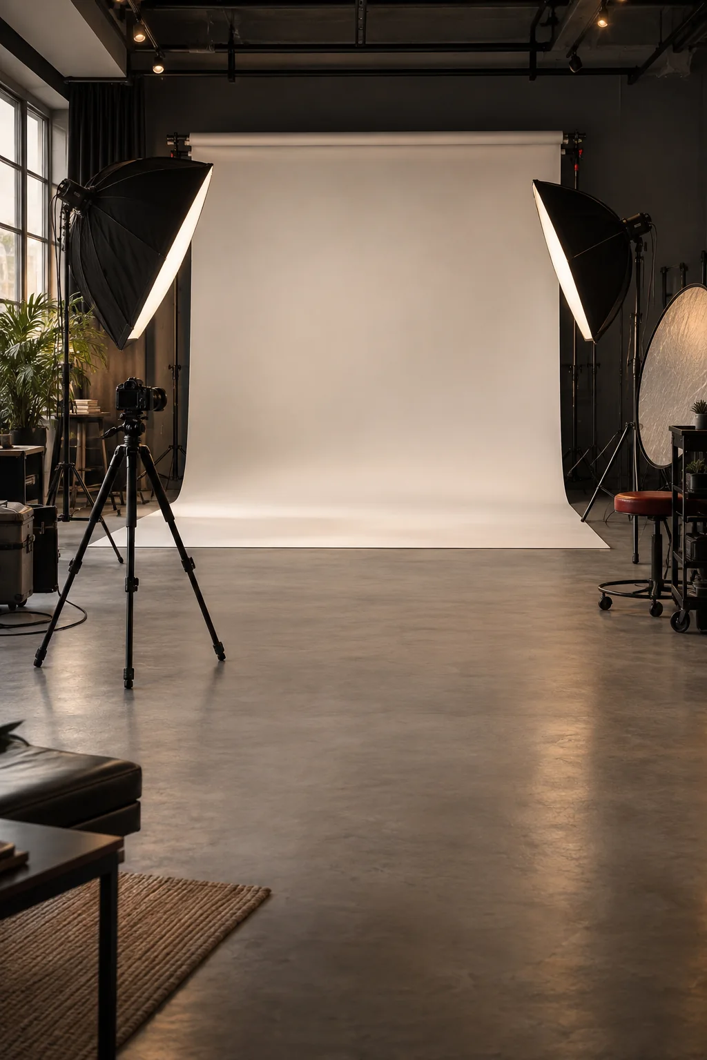 Professional portrait studio with camera, seamless backdrop and softbox lighting