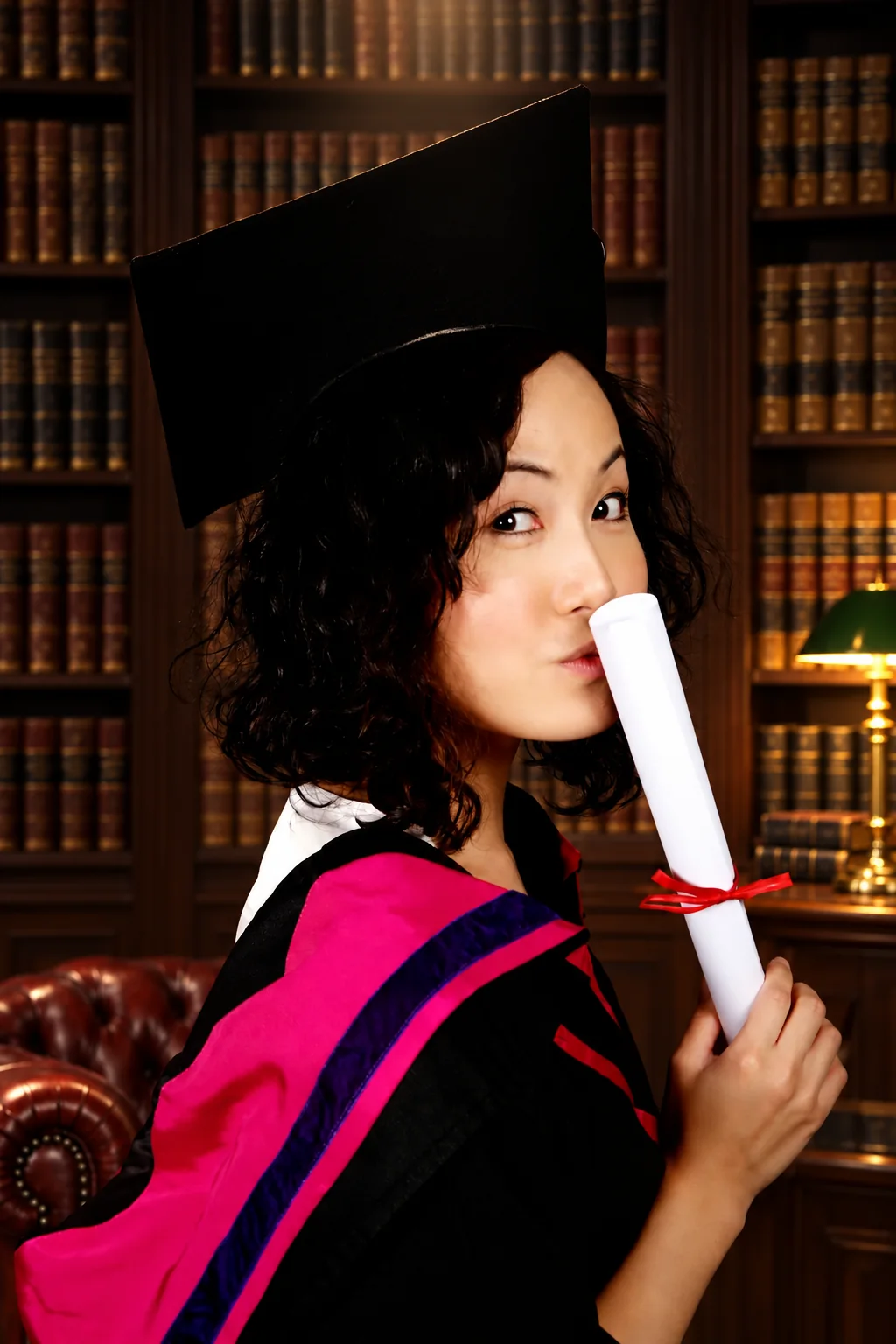 Graduate portrait in a traditional law library with an oxblood Chesterfield chair