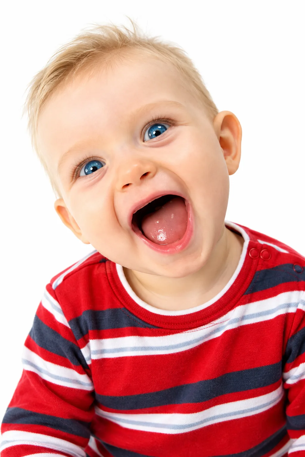Laughing baby photographed on a clean white studio background