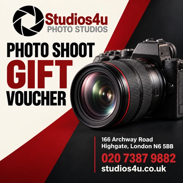 Studios4u photo shoot gift voucher with camera and Highgate contact details