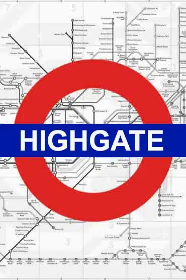 Highgate Underground roundel over a London transport map