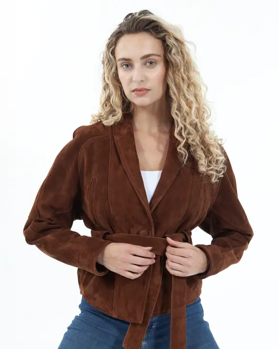 Commercial model portrait in a belted brown suede jacket